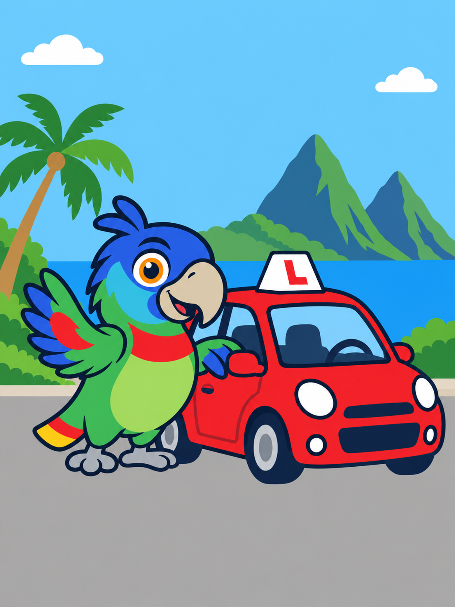 Jako welcomes learners beside his red learner car, with the Pitons and sea behind him