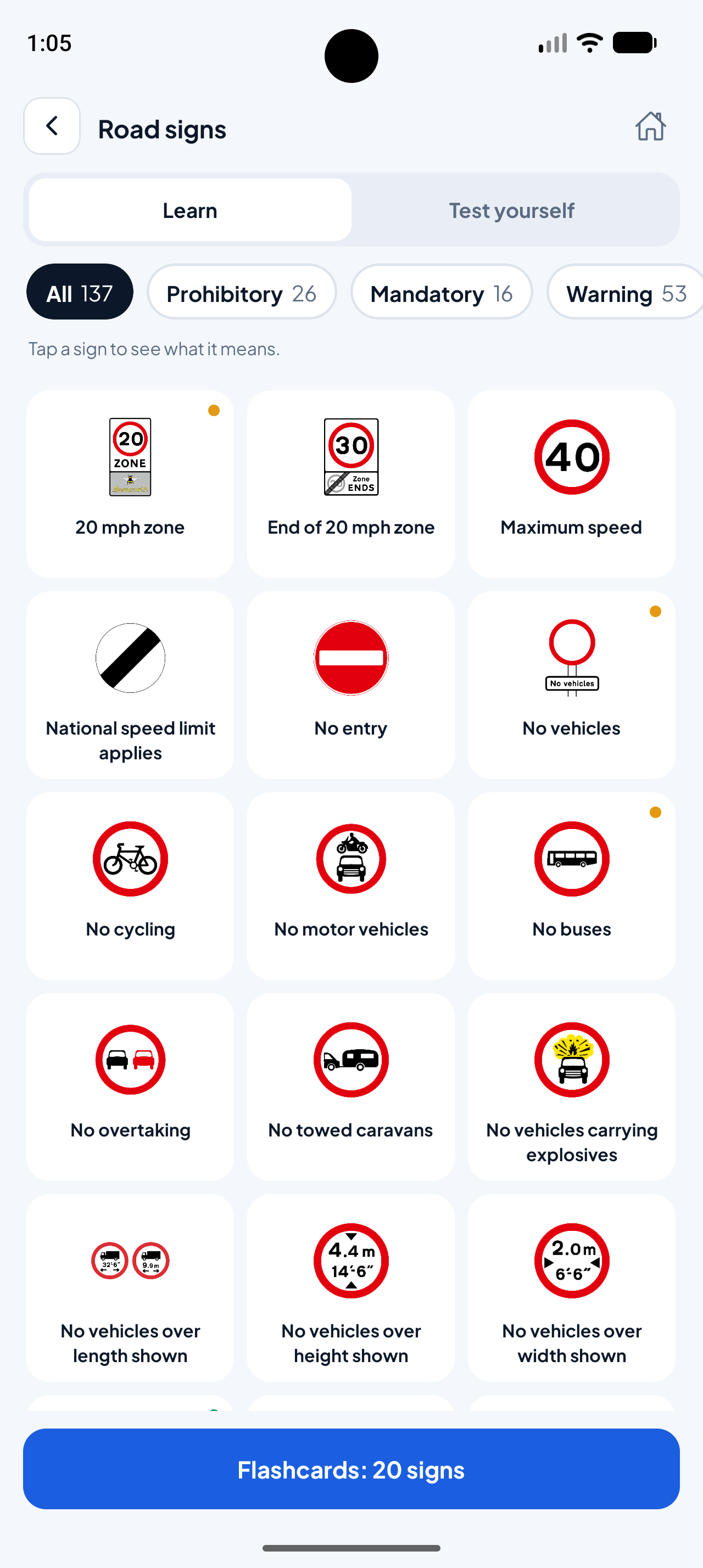 Existing app road-sign library with categories and meanings